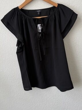 Ruffled Sleeve Tie Neck Blouse – Black
